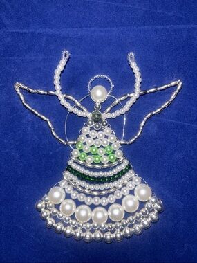 Pearl and Green Beaded Angel Ornament - Holiday Tree Decoration